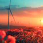 Sunset over red flowers with wind turbines in a peaceful landscape.