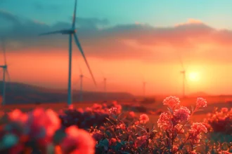 Sunset over red flowers with wind turbines in a peaceful landscape.