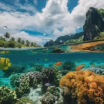 Split-view of underwater coral reefs and lush tropical landscape with mountains and palm trees.