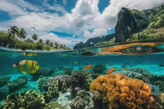 Split-view of underwater coral reefs and lush tropical landscape with mountains and palm trees.