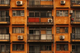 Urban apartment building with balconies, air conditioning units, orange-brown walls