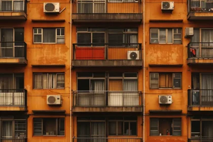 Urban apartment building with balconies, air conditioning units, orange-brown walls
