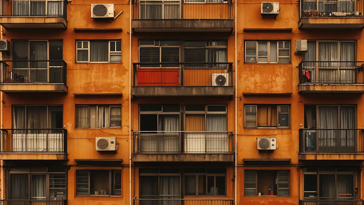 Urban apartment building with balconies, air conditioning units, orange-brown walls